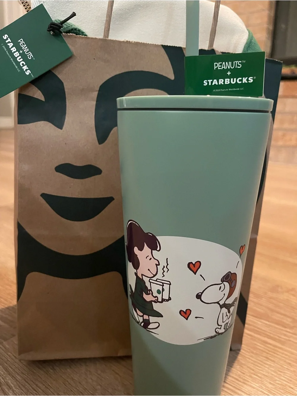 Starbucks x Peanuts Green Canvas Tote & Tumbler Set/ snoopy mint green